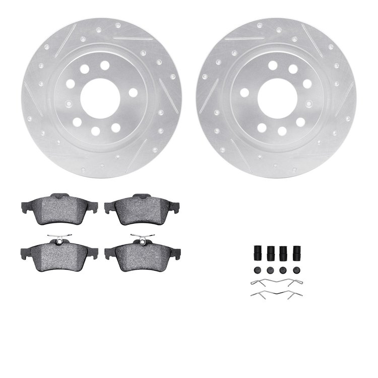 7612-65013 Drilled/Slotted Brake Rotors w/5000 Euro Ceramic Brake Pads Kit & Hardware [Silver], 2003-2011 GM, Position: Rear