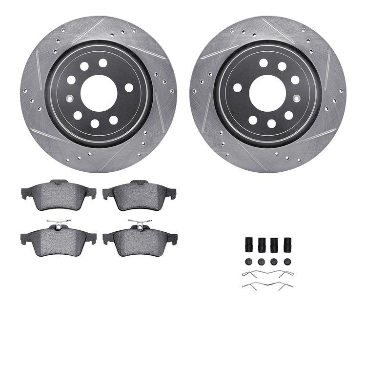 7612-65014 Drilled/Slotted Brake Rotors w/5000 Euro Ceramic Brake Pads Kit & Hardware [Silver], 2003-2011 GM, Position: Rear