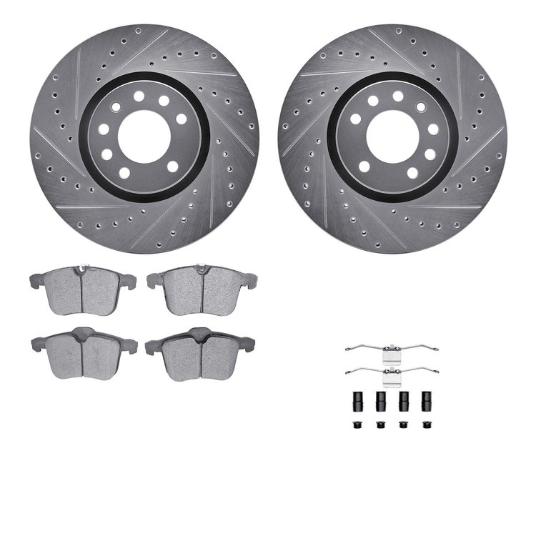 7612-65015 Drilled/Slotted Brake Rotors w/5000 Euro Ceramic Brake Pads Kit & Hardware [Silver], 2003-2011 GM, Position: Front