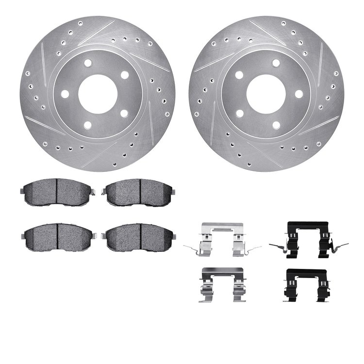 7612-67000 Drilled/Slotted Brake Rotors w/5000 Euro Ceramic Brake Pads Kit & Hardware [Silver], 1999-2001 Infiniti/Nissan, Posit
