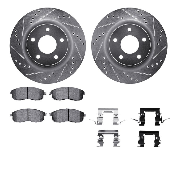 7612-67005 Drilled/Slotted Brake Rotors w/5000 Euro Ceramic Brake Pads Kit & Hardware [Silver], 2007-2013 Infiniti/Nissan, Posit