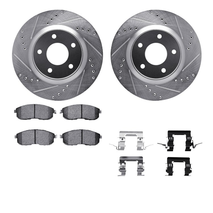 7612-67006 Drilled/Slotted Brake Rotors w/5000 Euro Ceramic Brake Pads Kit & Hardware [Silver], 2007-2012 Infiniti/Nissan, Posit