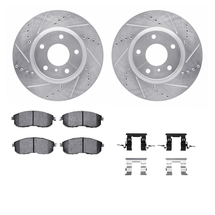 7612-68000 Drilled/Slotted Brake Rotors w/5000 Euro Ceramic Brake Pads Kit & Hardware [Silver], 2003-2005 Infiniti/Nissan, Posit