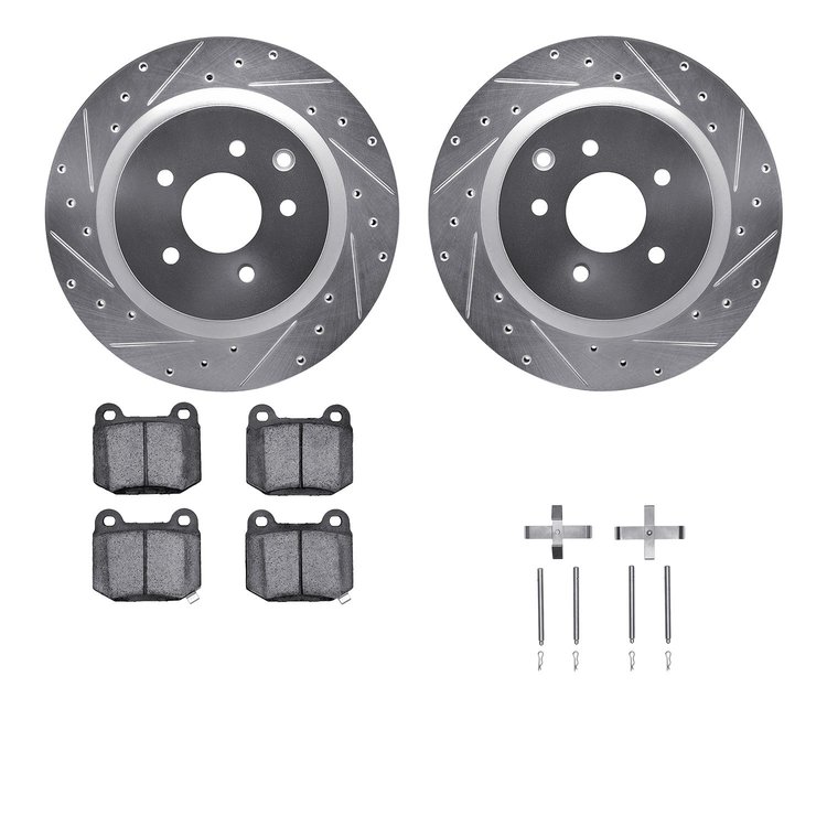 7612-68002 Drilled/Slotted Brake Rotors w/5000 Euro Ceramic Brake Pads Kit & Hardware [Silver], 2003-2008 Infiniti/Nissan, Posit