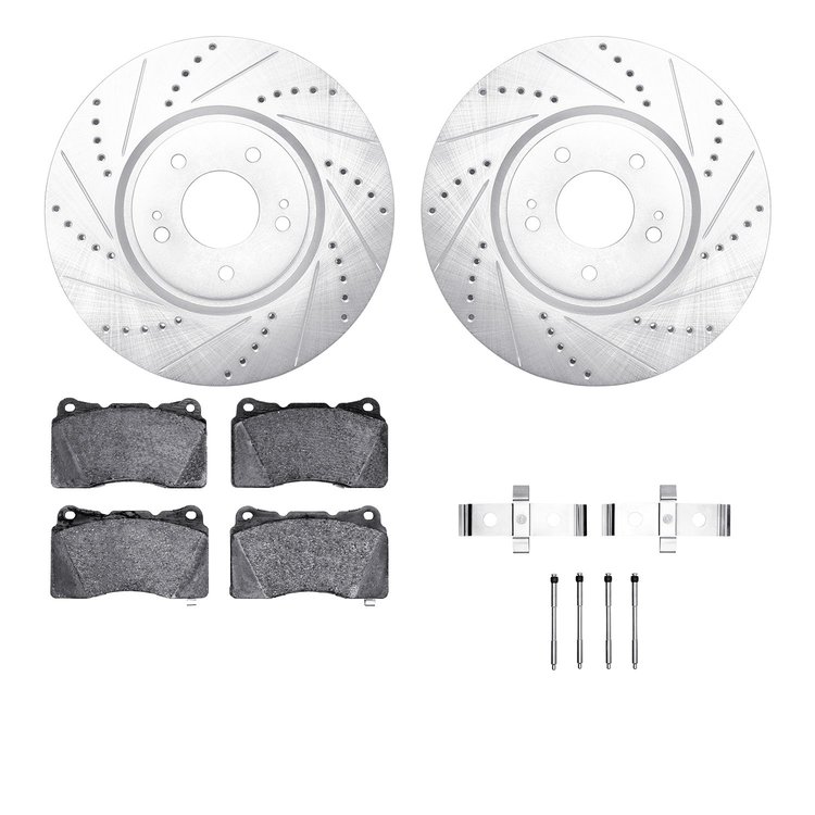7612-72000 Drilled/Slotted Brake Rotors w/5000 Euro Ceramic Brake Pads Kit & Hardware [Silver], 2003-2006 Mitsubishi, Position: 