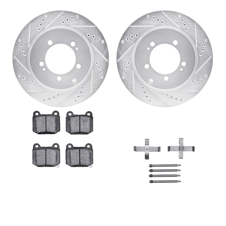 7612-72001 Drilled/Slotted Brake Rotors w/5000 Euro Ceramic Brake Pads Kit & Hardware [Silver], 2003-2006 Mitsubishi, Position: 