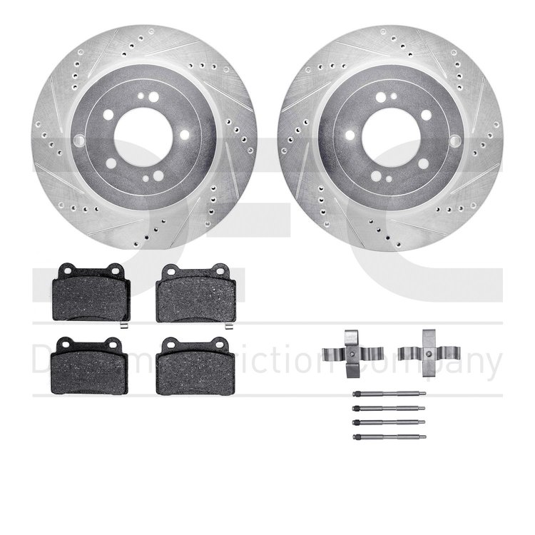 7612-72002 Drilled/Slotted Brake Rotors w/5000 Euro Ceramic Brake Pads Kit & Hardware [Silver], 2008-2015 Mitsubishi, Position: 