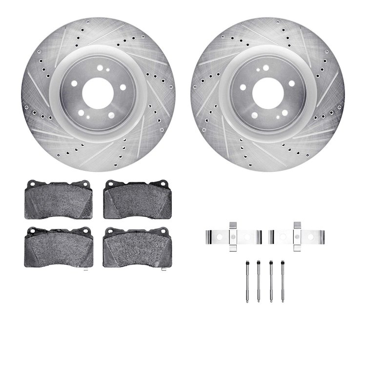 7612-72003 Drilled/Slotted Brake Rotors w/5000 Euro Ceramic Brake Pads Kit & Hardware [Silver], 2008-2015 Mitsubishi, Position: 