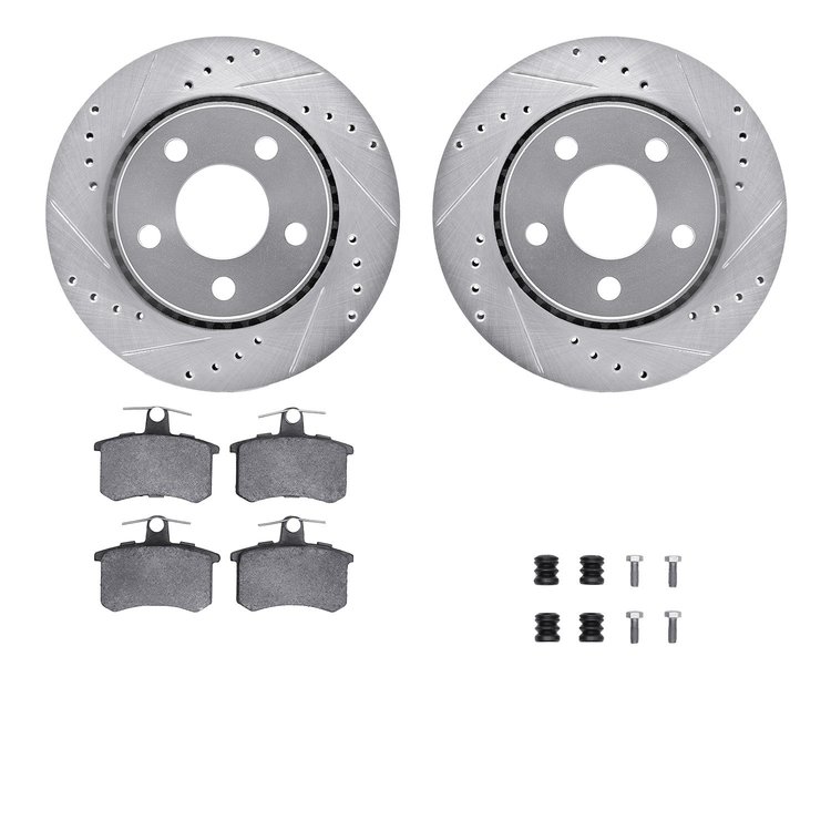 7612-73003 Drilled/Slotted Brake Rotors w/5000 Euro Ceramic Brake Pads Kit & Hardware [Silver], 1986-1991 Audi/Volkswagen, Posit