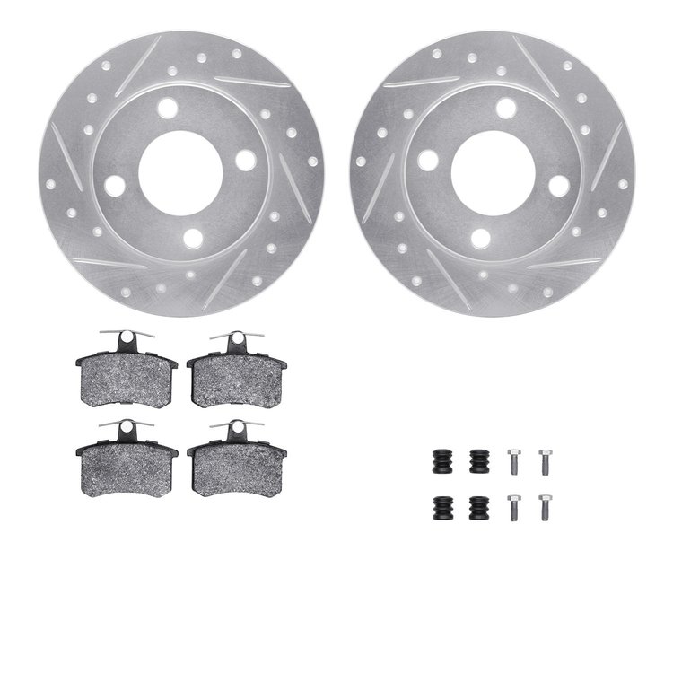 7612-73008 Drilled/Slotted Brake Rotors w/5000 Euro Ceramic Brake Pads Kit & Hardware [Silver], 1984-1995 Audi/Volkswagen, Posit
