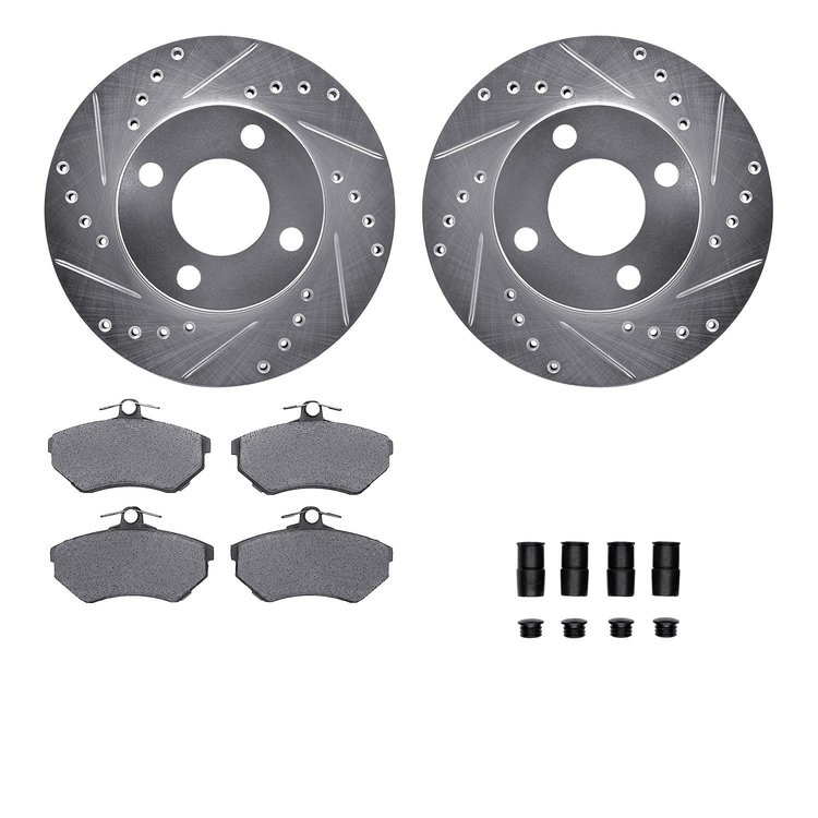 7612-73015 Drilled/Slotted Brake Rotors w/5000 Euro Ceramic Brake Pads Kit & Hardware [Silver], 1990-1991 Audi/Volkswagen, Posit
