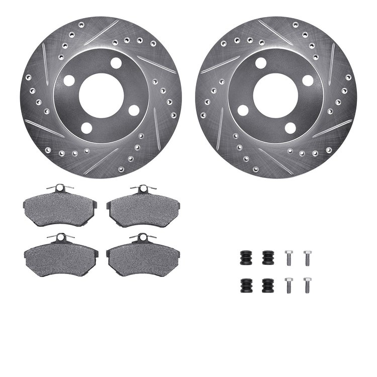 7612-73016 Drilled/Slotted Brake Rotors w/5000 Euro Ceramic Brake Pads Kit & Hardware [Silver], 1990-1991 Audi/Volkswagen, Posit