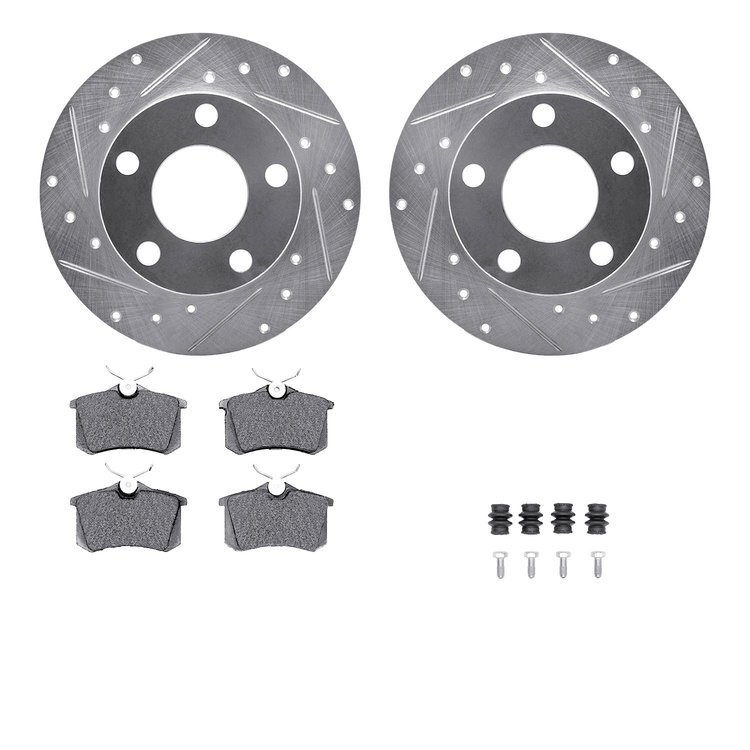 7612-73020 Drilled/Slotted Brake Rotors w/5000 Euro Ceramic Brake Pads Kit & Hardware [Silver], 1998-1998 Audi/Volkswagen, Posit