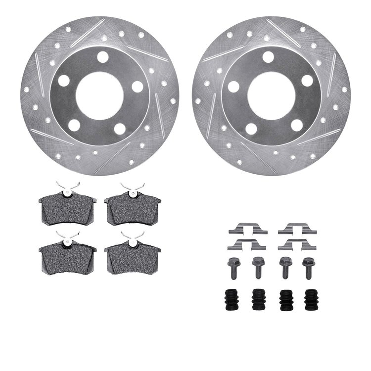 7612-73021 Drilled/Slotted Brake Rotors w/5000 Euro Ceramic Brake Pads Kit & Hardware [Silver], 1999-2001 Audi/Volkswagen, Posit