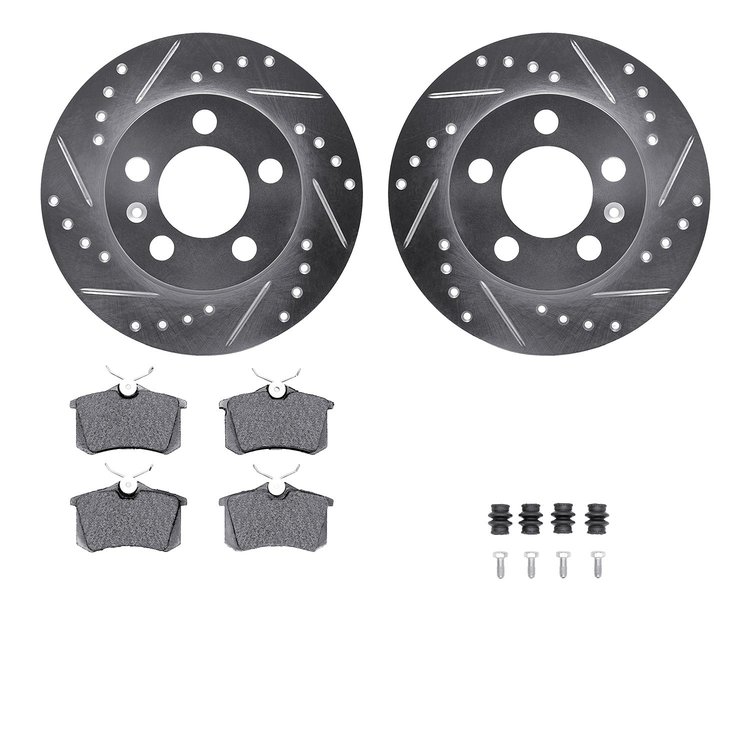 7612-73027 Drilled/Slotted Brake Rotors w/5000 Euro Ceramic Brake Pads Kit & Hardware [Silver], 2001-2006 Audi/Volkswagen, Posit