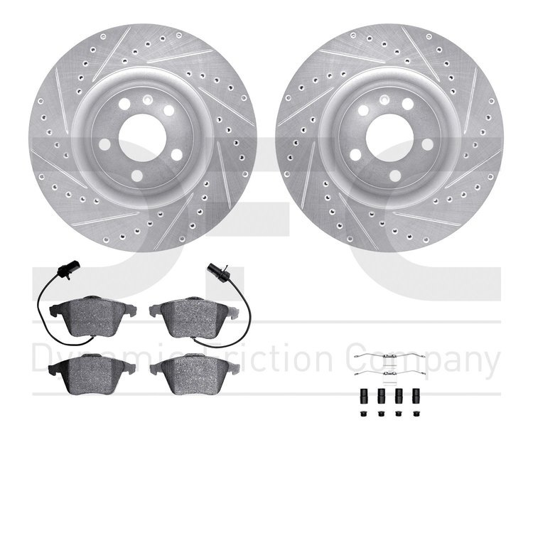 7612-73028 Drilled/Slotted Brake Rotors w/5000 Euro Ceramic Brake Pads Kit & Hardware [Silver], 2004-2009 Audi/Volkswagen, Posit