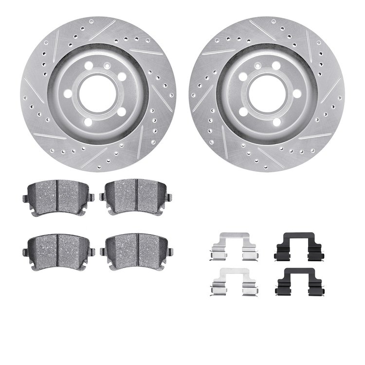 7612-73029 Drilled/Slotted Brake Rotors w/5000 Euro Ceramic Brake Pads Kit & Hardware [Silver], 2004-2009 Audi/Volkswagen, Posit