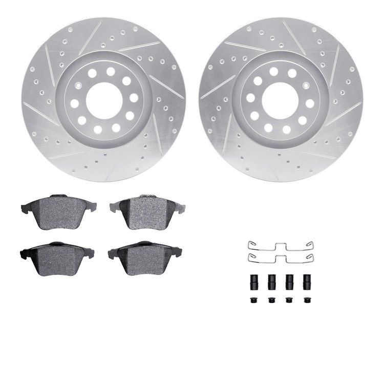 7612-73032 Drilled/Slotted Brake Rotors w/5000 Euro Ceramic Brake Pads Kit & Hardware [Silver], 2001-2005 Audi/Volkswagen, Posit