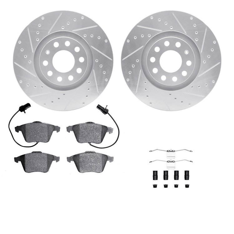 7612-73033 Drilled/Slotted Brake Rotors w/5000 Euro Ceramic Brake Pads Kit & Hardware [Silver], 2000-2009 Audi/Volkswagen, Posit