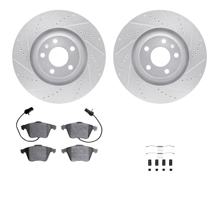 7612-73035 Drilled/Slotted Brake Rotors w/5000 Euro Ceramic Brake Pads Kit & Hardware [Silver], 2005-2011 Audi/Volkswagen, Posit