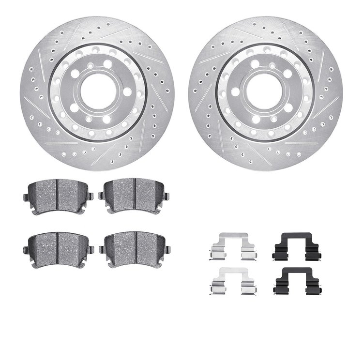 7612-73037 Drilled/Slotted Brake Rotors w/5000 Euro Ceramic Brake Pads Kit & Hardware [Silver], 2004-2010 Audi/Volkswagen, Posit