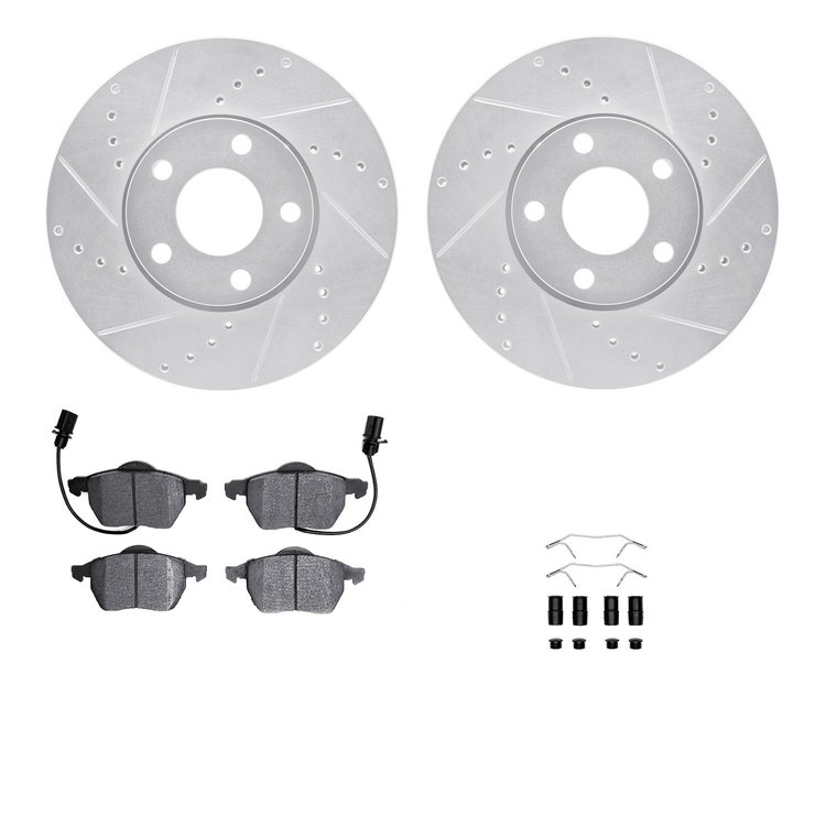 7612-73038 Drilled/Slotted Brake Rotors w/5000 Euro Ceramic Brake Pads Kit & Hardware [Silver], 1998-2008 Audi/Volkswagen, Posit