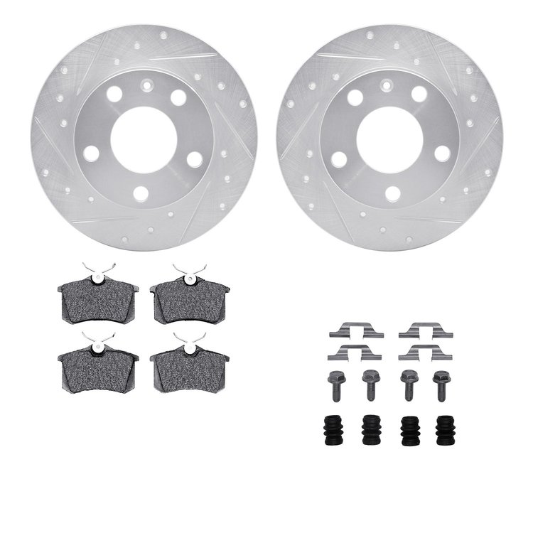 7612-73040 Drilled/Slotted Brake Rotors w/5000 Euro Ceramic Brake Pads Kit & Hardware [Silver], 2002-2006 Audi/Volkswagen, Posit