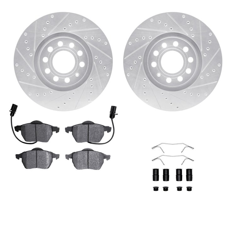 7612-73041 Drilled/Slotted Brake Rotors w/5000 Euro Ceramic Brake Pads Kit & Hardware [Silver], 1999-2006 Audi/Volkswagen, Posit