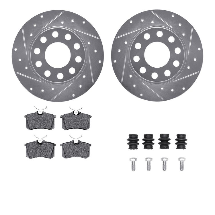 7612-73042 Drilled/Slotted Brake Rotors w/5000 Euro Ceramic Brake Pads Kit & Hardware [Silver], 2000-2008 Audi/Volkswagen, Posit
