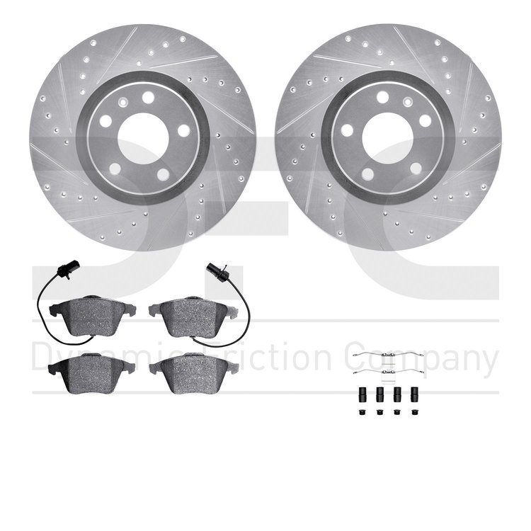 7612-73044 Drilled/Slotted Brake Rotors w/5000 Euro Ceramic Brake Pads Kit & Hardware [Silver], 2005-2011 Audi/Volkswagen, Posit