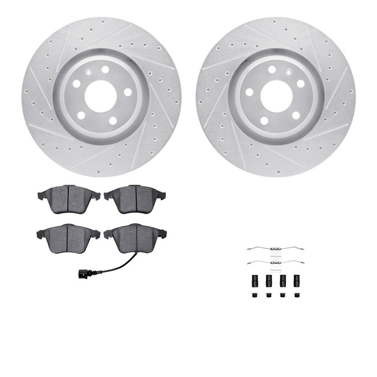 7612-73047 Drilled/Slotted Brake Rotors w/5000 Euro Ceramic Brake Pads Kit & Hardware [Silver], 2008-2011 Audi/Volkswagen, Posit