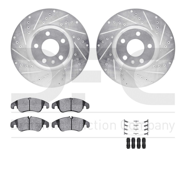 7612-73050 Drilled/Slotted Brake Rotors w/5000 Euro Ceramic Brake Pads Kit & Hardware [Silver], 2009-2012 Audi/Volkswagen, Posit