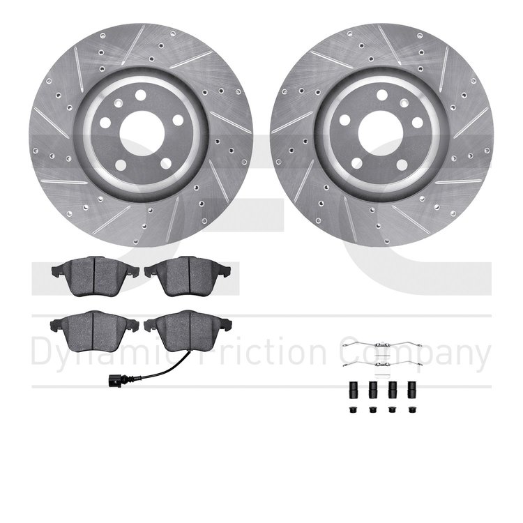 7612-73060 Drilled/Slotted Brake Rotors w/5000 Euro Ceramic Brake Pads Kit & Hardware [Silver], 2012-2015 Audi/Volkswagen, Posit