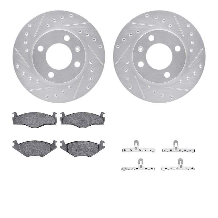 7612-74002 Drilled/Slotted Brake Rotors w/5000 Euro Ceramic Brake Pads Kit & Hardware [Silver], 1984-1993 Audi/Volkswagen, Posit