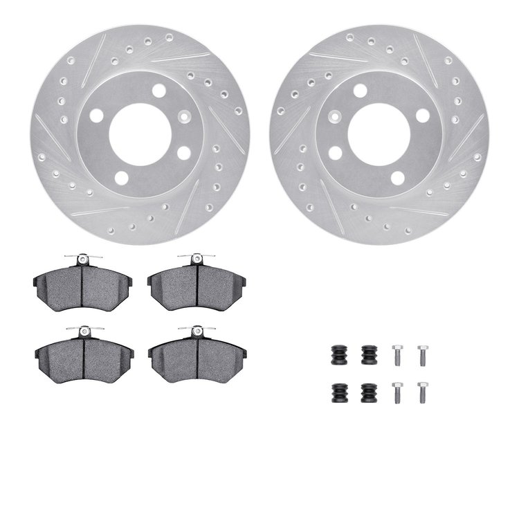 7612-74003 Drilled/Slotted Brake Rotors w/5000 Euro Ceramic Brake Pads Kit & Hardware [Silver], 1988-1988 Audi/Volkswagen, Posit