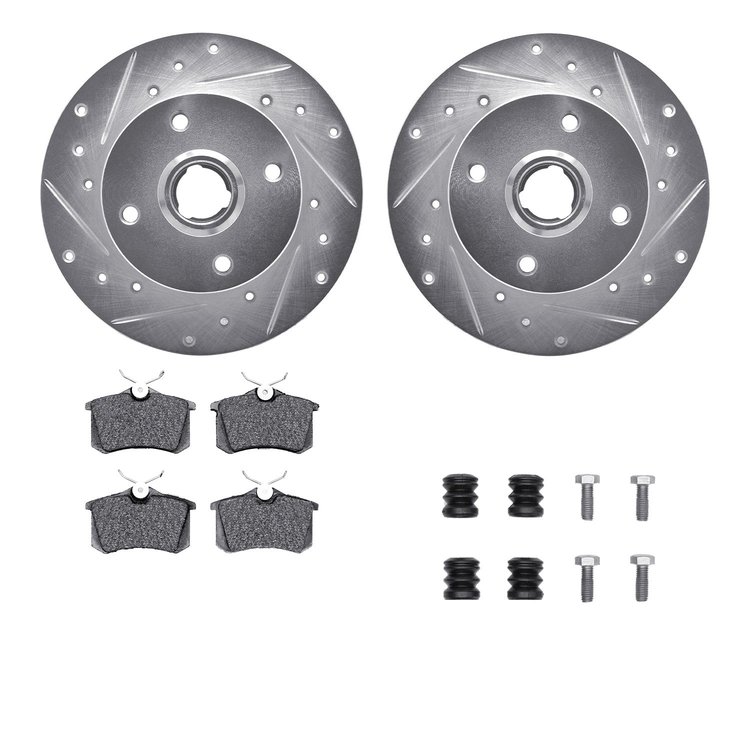 7612-74005 Drilled/Slotted Brake Rotors w/5000 Euro Ceramic Brake Pads Kit & Hardware [Silver], 1985-1998 Audi/Volkswagen, Posit
