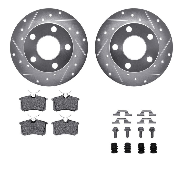 7612-74013 Drilled/Slotted Brake Rotors w/5000 Euro Ceramic Brake Pads Kit & Hardware [Silver], 2002-2004 Audi/Volkswagen, Posit