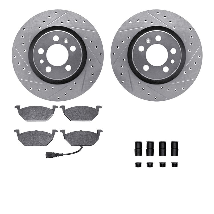 7612-74018 Drilled/Slotted Brake Rotors w/5000 Euro Ceramic Brake Pads Kit & Hardware [Silver], 1998-2015 Audi/Volkswagen, Posit