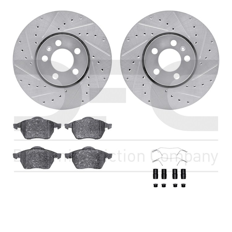 7612-74023 Drilled/Slotted Brake Rotors w/5000 Euro Ceramic Brake Pads Kit & Hardware [Silver], 1998-1999 Audi/Volkswagen, Posit