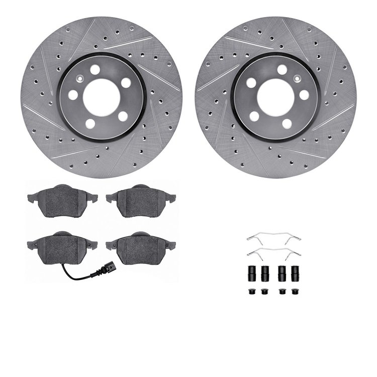 7612-74024 Drilled/Slotted Brake Rotors w/5000 Euro Ceramic Brake Pads Kit & Hardware [Silver], 1999-2010 Audi/Volkswagen, Posit