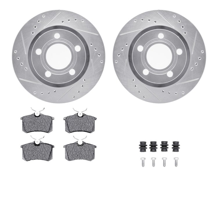 7612-74029 Drilled/Slotted Brake Rotors w/5000 Euro Ceramic Brake Pads Kit & Hardware [Silver], 1999-2004 Audi/Volkswagen, Posit
