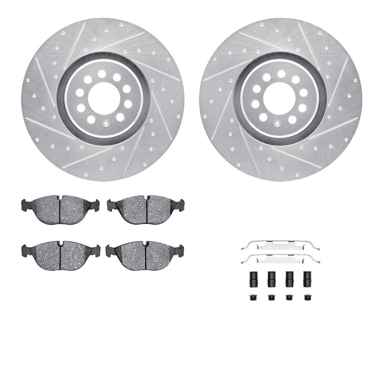 7612-74030 Drilled/Slotted Brake Rotors w/5000 Euro Ceramic Brake Pads Kit & Hardware [Silver], 2004-2006 Audi/Volkswagen, Posit