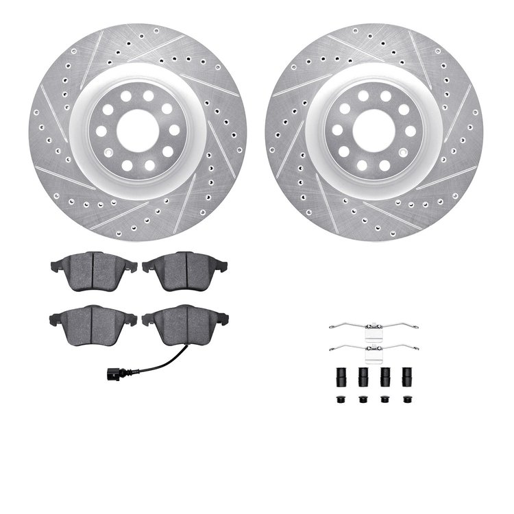 7612-74034 Drilled/Slotted Brake Rotors w/5000 Euro Ceramic Brake Pads Kit & Hardware [Silver], 2008-2013 Audi/Volkswagen, Posit