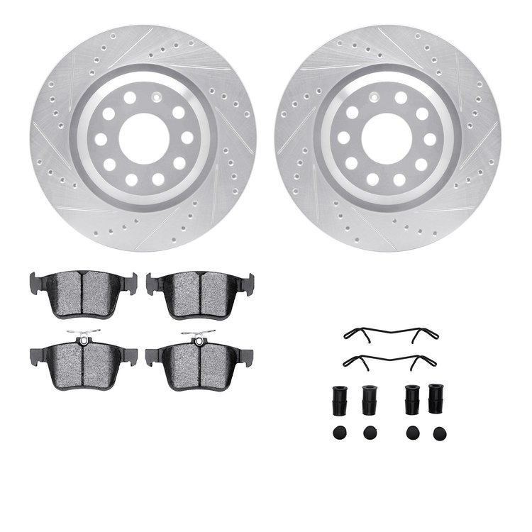 7612-74037 Drilled/Slotted Brake Rotors w/5000 Euro Ceramic Brake Pads Kit & Hardware [Silver], Fits Select Audi/Volkswagen, Pos