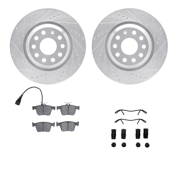 7612-74038 Drilled/Slotted Brake Rotors w/5000 Euro Ceramic Brake Pads Kit & Hardware [Silver], Fits Select Audi/Volkswagen, Pos