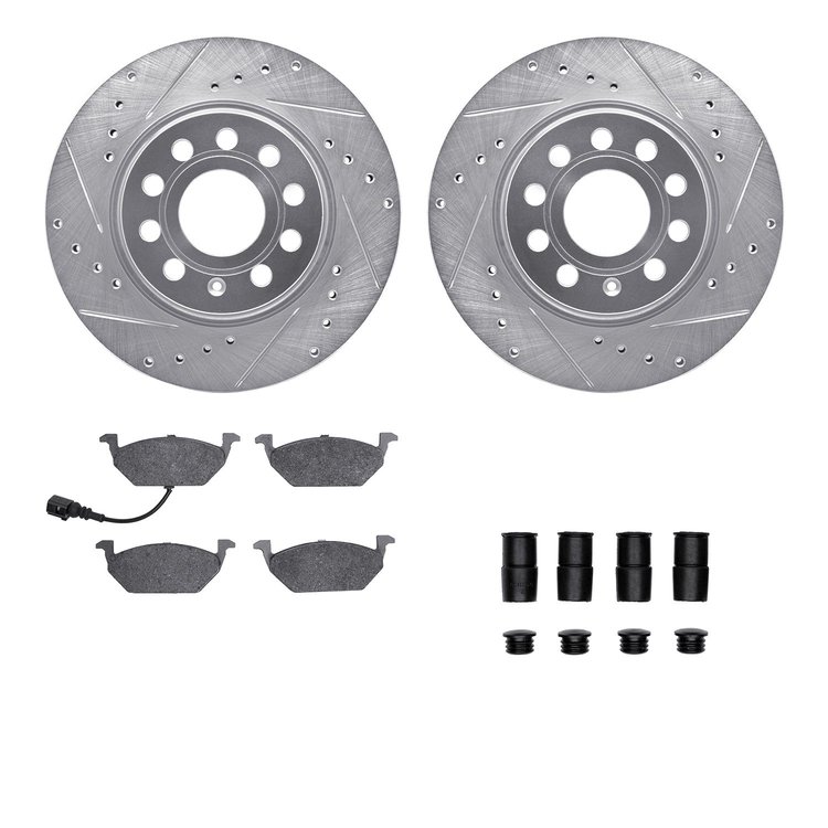 7612-74043 Drilled/Slotted Brake Rotors w/5000 Euro Ceramic Brake Pads Kit & Hardware [Silver], 2005-2010 Audi/Volkswagen, Posit