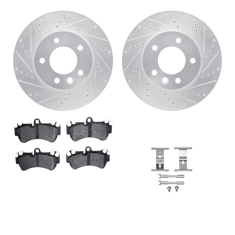 7612-74048 Drilled/Slotted Brake Rotors w/5000 Euro Ceramic Brake Pads Kit & Hardware [Silver], 2003-2010 Multiple Makes/Models,