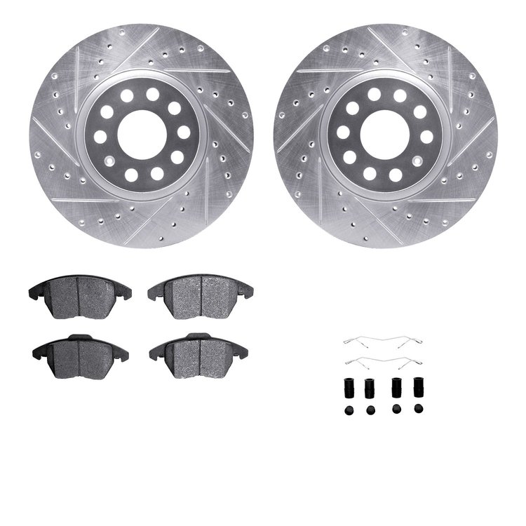 7612-74053 Drilled/Slotted Brake Rotors w/5000 Euro Ceramic Brake Pads Kit & Hardware [Silver], 2005-2017 Audi/Volkswagen, Posit