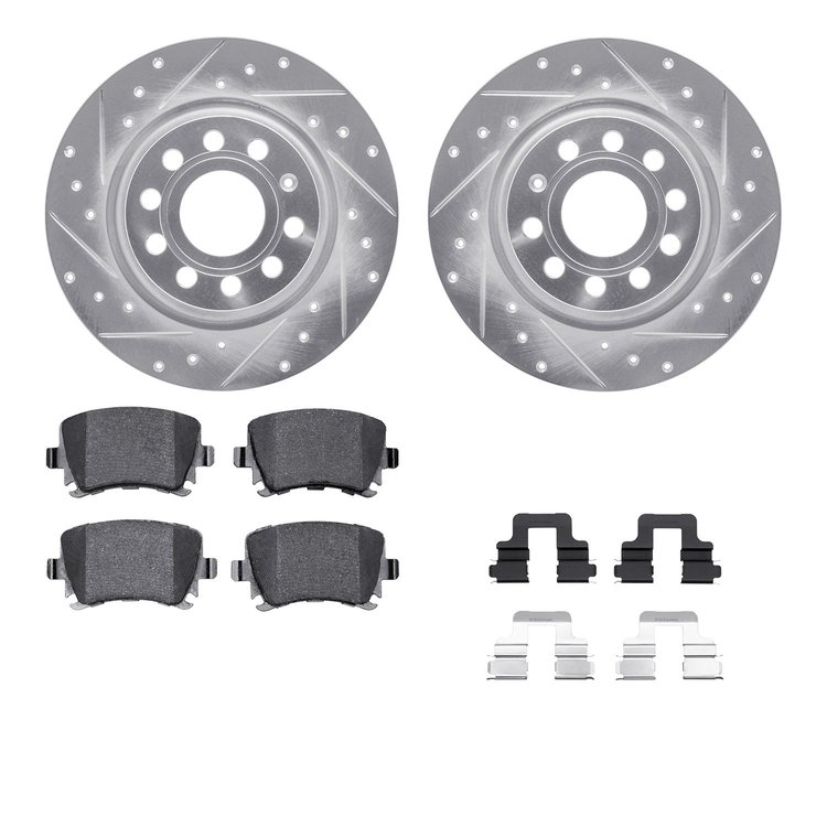 7612-74056 Drilled/Slotted Brake Rotors w/5000 Euro Ceramic Brake Pads Kit & Hardware [Silver], 2005-2018 Audi/Volkswagen, Posit