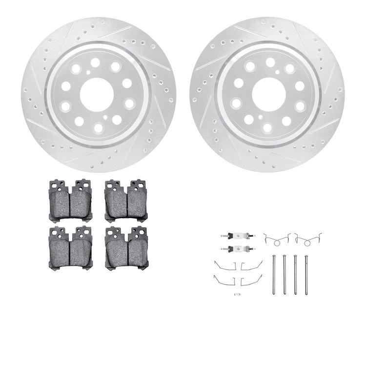 7612-75002 Drilled/Slotted Brake Rotors w/5000 Euro Ceramic Brake Pads Kit & Hardware [Silver], 2007-2017 Lexus/Toyota/Scion, Po
